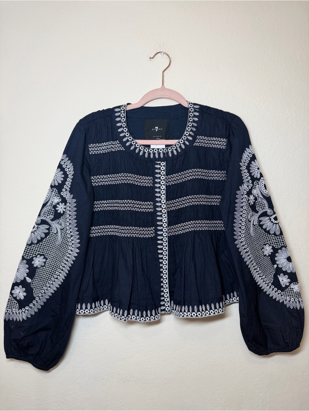 7 For All Mankind Navy Embroidered Puff Sleeve Babydoll Jacket Boho - Size M.